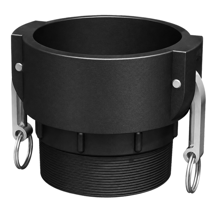 4″ Female Camlock × 4″ NPT Male (Type B) in black glass-filled polypropylene