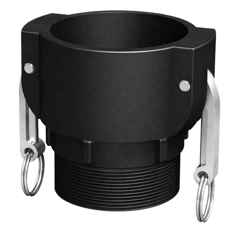 3″ Female Camlock × 3″ NPT Male (Type B) in black glass-filled polypropylene