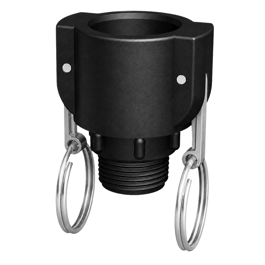 ¾″ Female Camlock × ¾″ NPT Male (Type B) in black glass-filled polypropylene