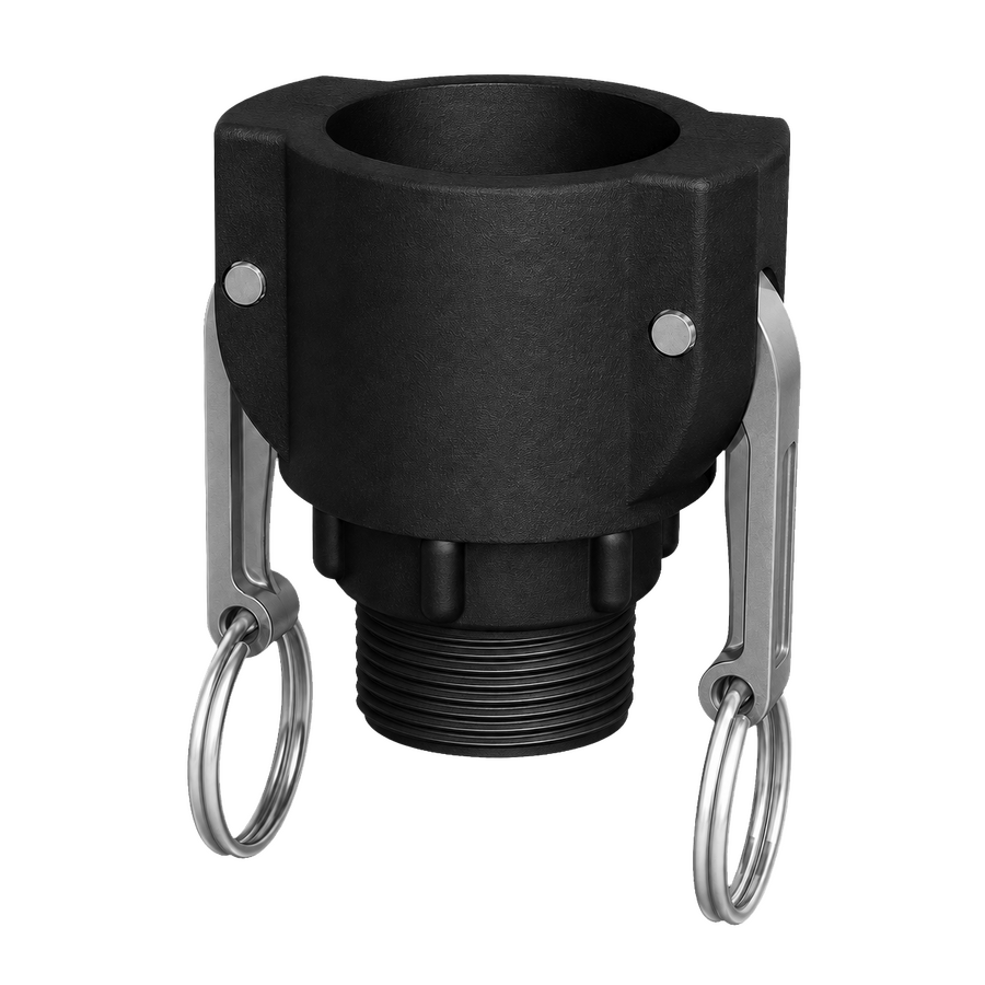 True 1¼″ Female Camlock × 1¼″ NPT Male (Type B) in black glass-filled polypropylene