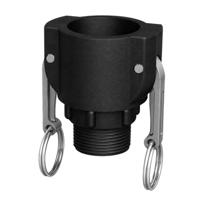 True 1¼″ Female Camlock × 1¼″ NPT Male (Type B) in black glass-filled polypropylene