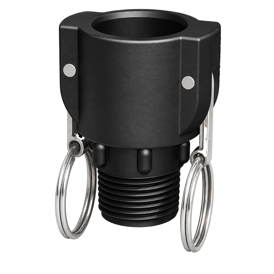 1″ Female Camlock × 1″ NPT Male (Type B) in black glass-filled polypropylene