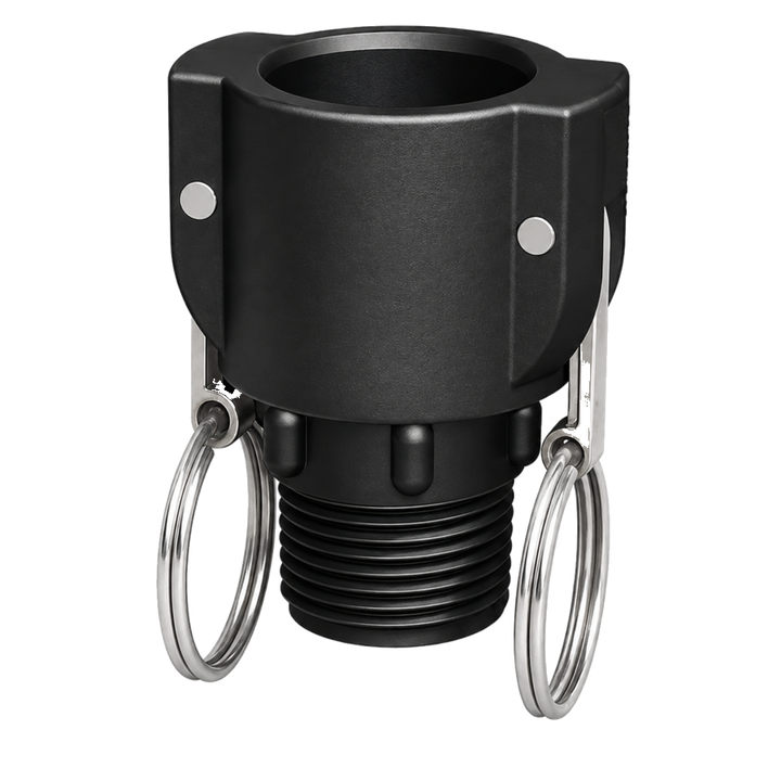 1″ Female Camlock × 1″ NPT Male (Type B) in black glass-filled polypropylene