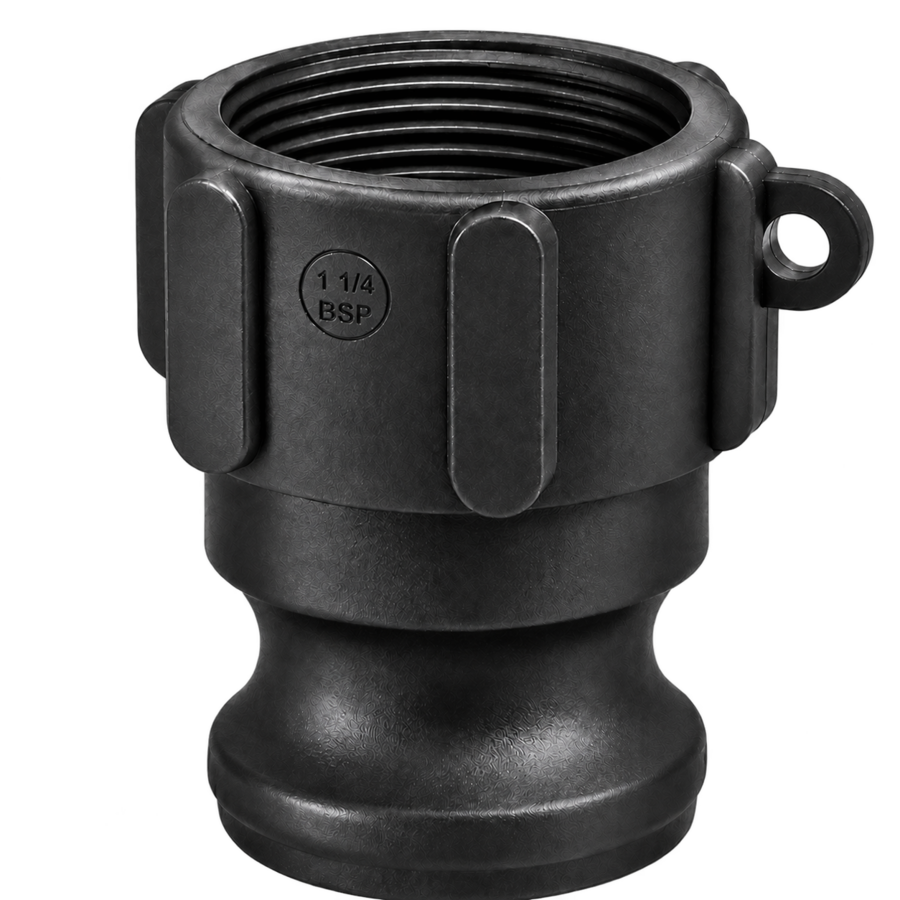 True 1¼″ Male Camlock × 1¼″ NPT Female (Type A) in black glass-filled polypropylene
