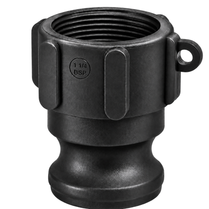 True 1¼″ Male Camlock × 1¼″ NPT Female (Type A) in black glass-filled polypropylene