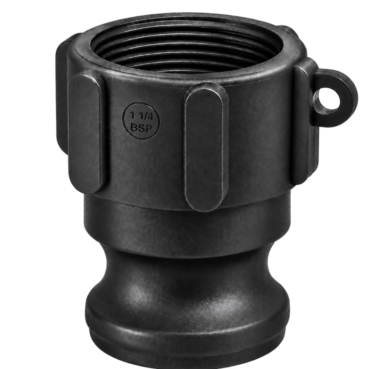 True 1¼″ Male Camlock × 1¼″ NPT Female (Type A) in black glass-filled polypropylene