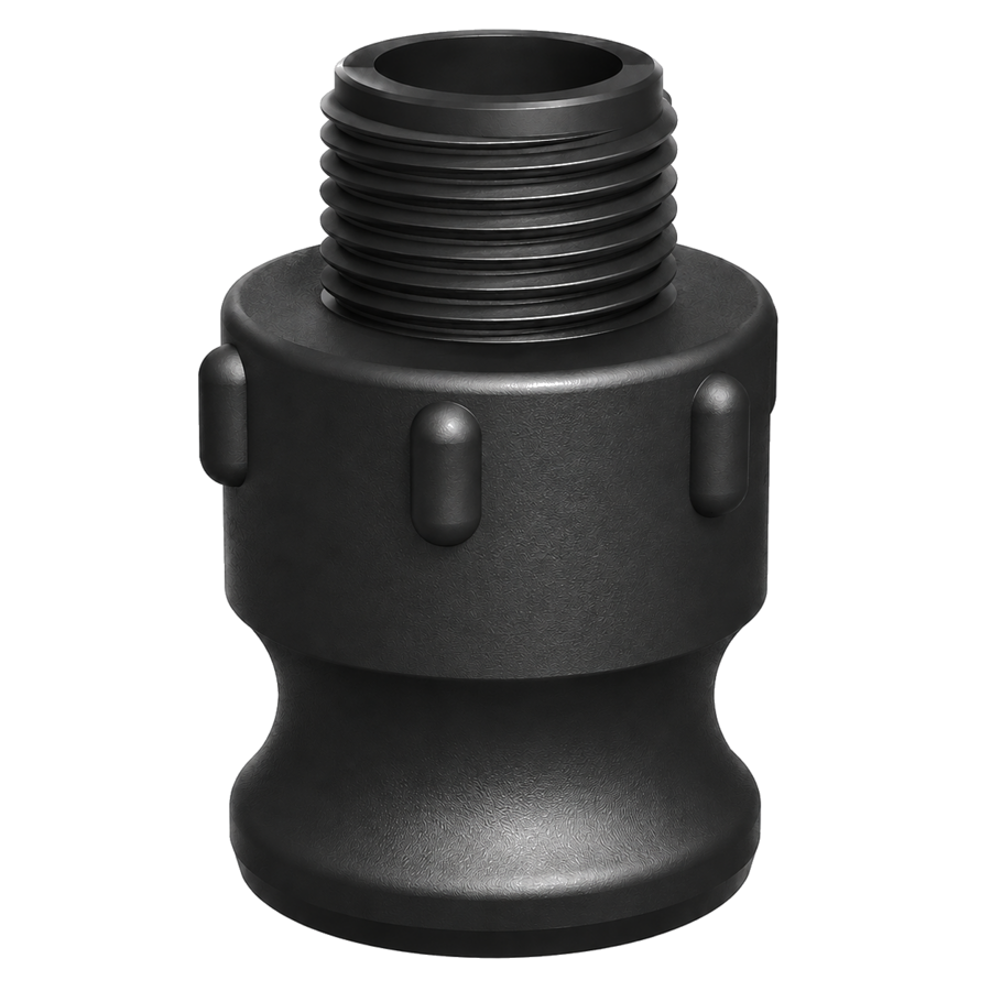 ¾″ Male Camlock × ½″ NPT Male (Type F) in black glass-filled polypropylene