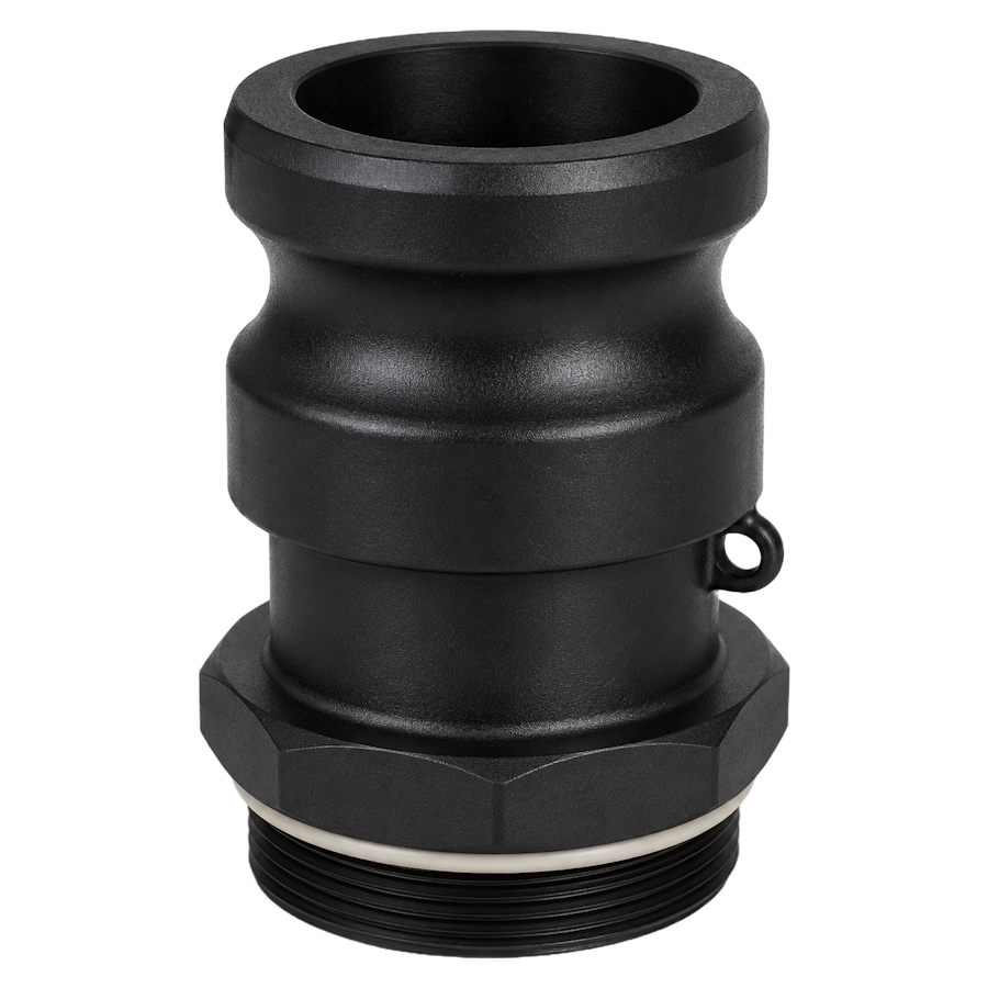 CPP® BCS G2 × 11.5 (2″ BSP/NPS) Drum Thread × 2″ Extended Male Camlock in black glass-filled polypropylene