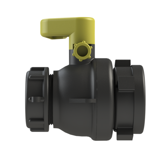2'' 'DARCIE-LITE' IBC ball valve, S60X6 female buttress in-let x 2'' NPT male, C/W dust cap, BLACK,