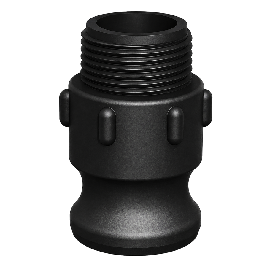 ¾″ Male Camlock × ¾″ NPT Male (Type F) in black glass-filled polypropylene