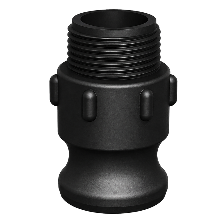 ¾″ Male Camlock × ¾″ NPT Male (Type F) in black glass-filled polypropylene