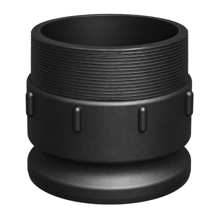 4″ Male Camlock × 4″ NPT Male (Type F) in black glass-filled polypropylene