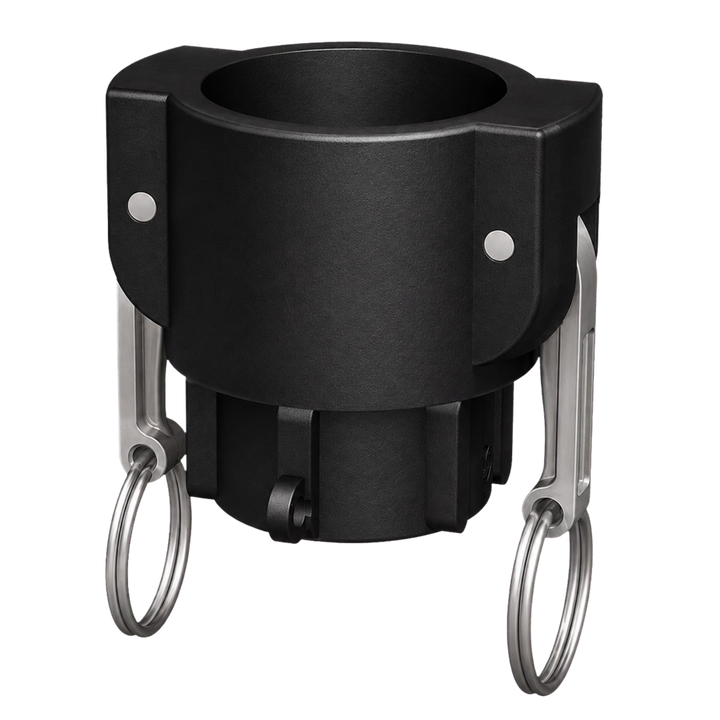 1½″ Female Camlock × 1¼″ NPT Female (Type D) in black glass-filled polypropylene