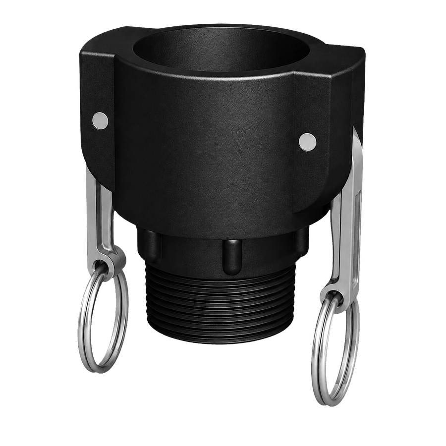 1½″ Female Camlock × 1½″ NPT Male (Type B) in black glass-filled polypropylene