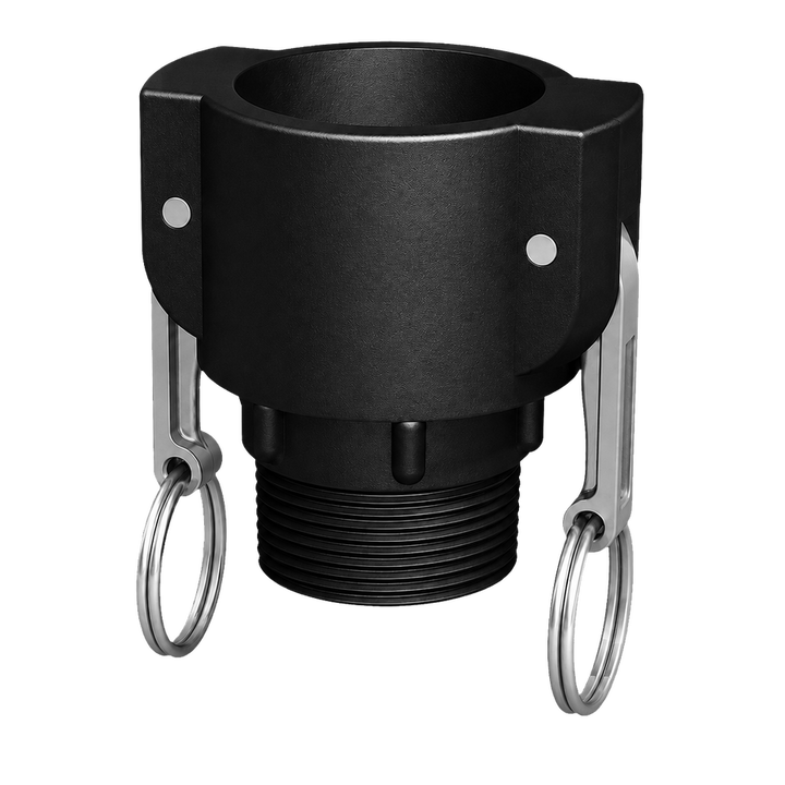 1½″ Female Camlock × 1½″ NPT Male (Type B) in black glass-filled polypropylene