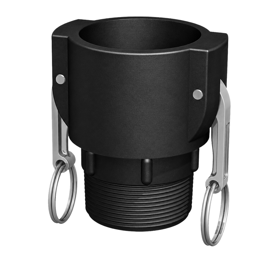 2″ Female Camlock × 2″ NPT Male (Type B) in black glass-filled polypropylene