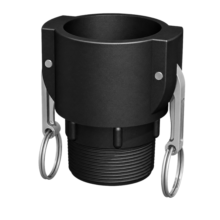 2″ Female Camlock × 2″ NPT Male (Type B) in black glass-filled polypropylene