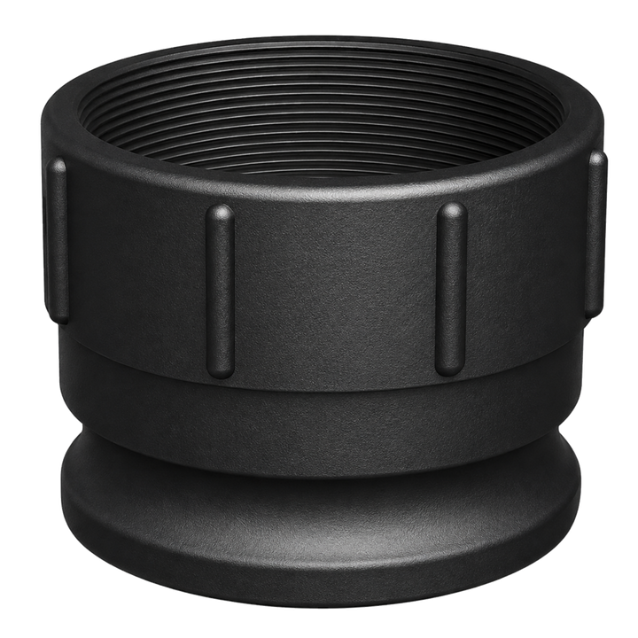 4″ Male Camlock × 4″ NPT Female (Type A) in black glass-filled polypropylene