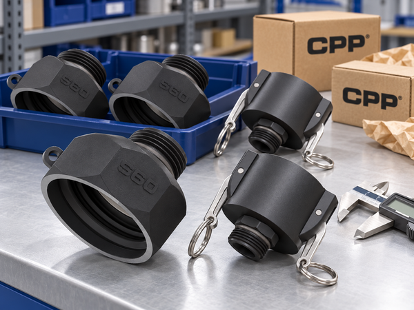 Illustration of finished CPP glass-filled polypropylene IBC adaptors and Camlock couplings on an inspection and packing bench