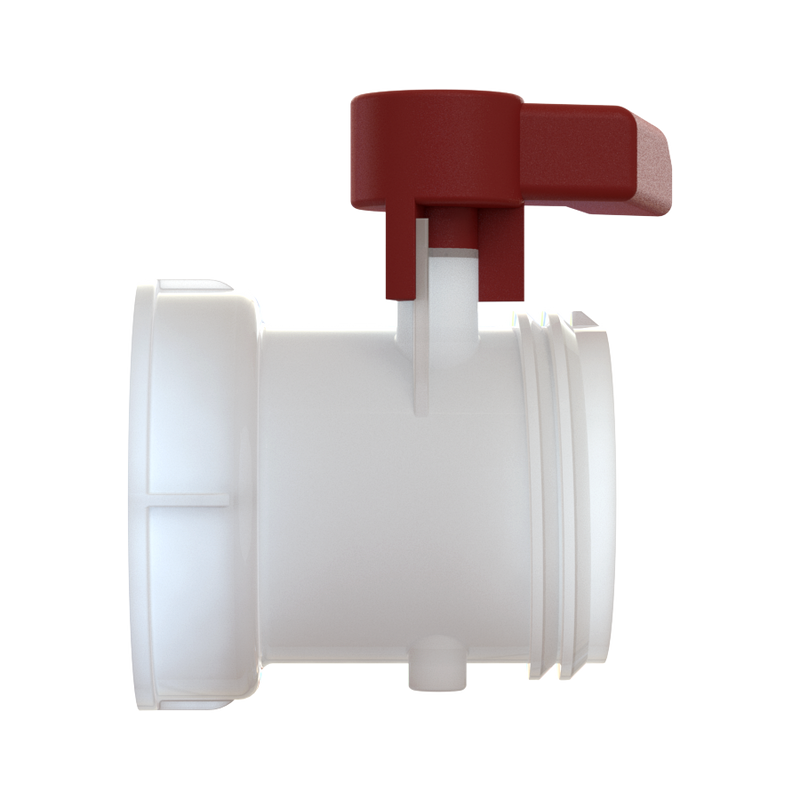 Side view of an IBC valve with an exposed S100X8 large coarse buttress-thread outlet