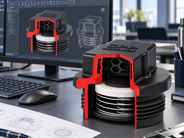 CPP vent cutaway illustrated on an engineering desk with the same vent model displayed on the CAD workstation behind it