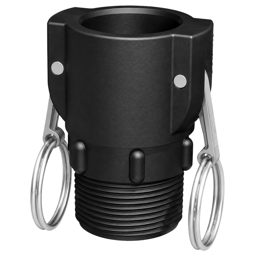 1″ Female Camlock × 1¼″ NPT Male (Type B) in black glass-filled polypropylene