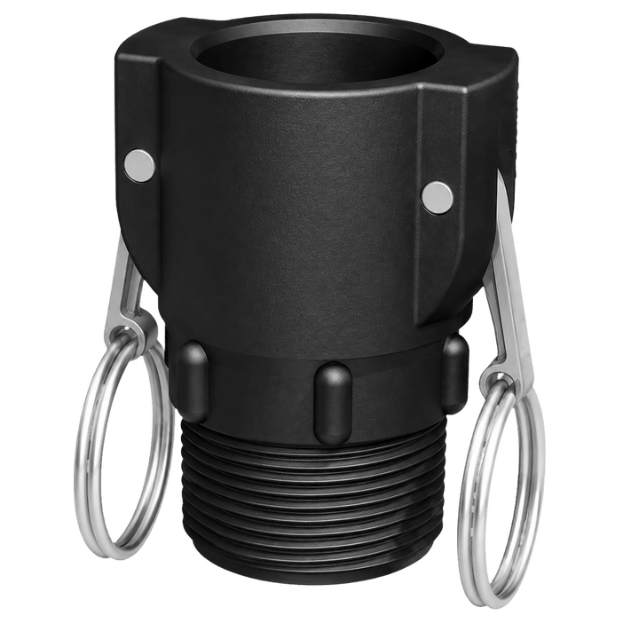 1″ Female Camlock × 1¼″ NPT Male (Type B) in black glass-filled polypropylene